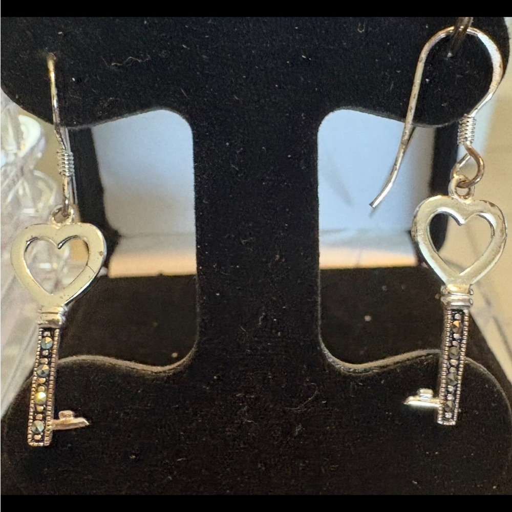 Heart Key Dangle Earrings - Sterling Silver